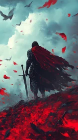 Lone armored warrior gazing across a stormy crimson battlefield.