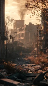 Post-collapse urban corridor under particulate orange dusk.