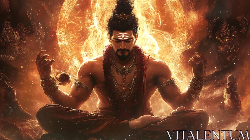 Mystic warrior in blazing meditation rendered as digital painting