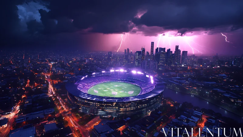 Electric storm over glowing city stadium at twilight.