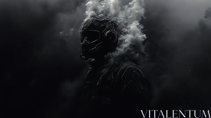 Smoke-shrouded tactical figure in minimal light portrait.