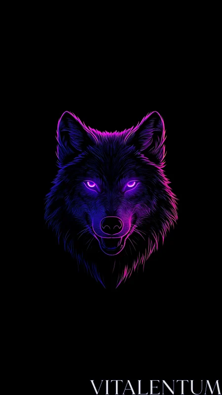 Neon outlined wolf head with glowing purple eyes on black.