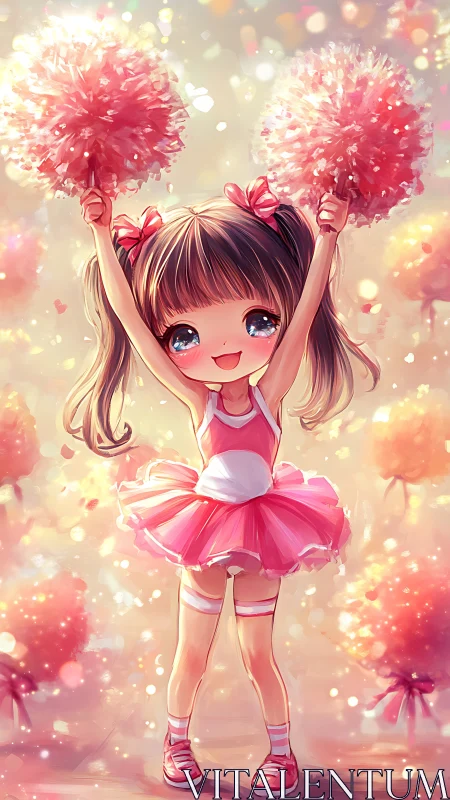 Cheerleader girl holds pink pom poms in bright anime style