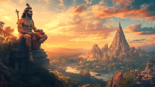 Warrior sage overlooks mythic river kingdom at sunrise