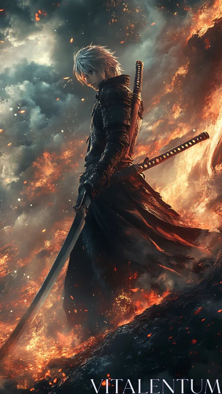 Ember-lit swordsman pauses as molten storm curls around him