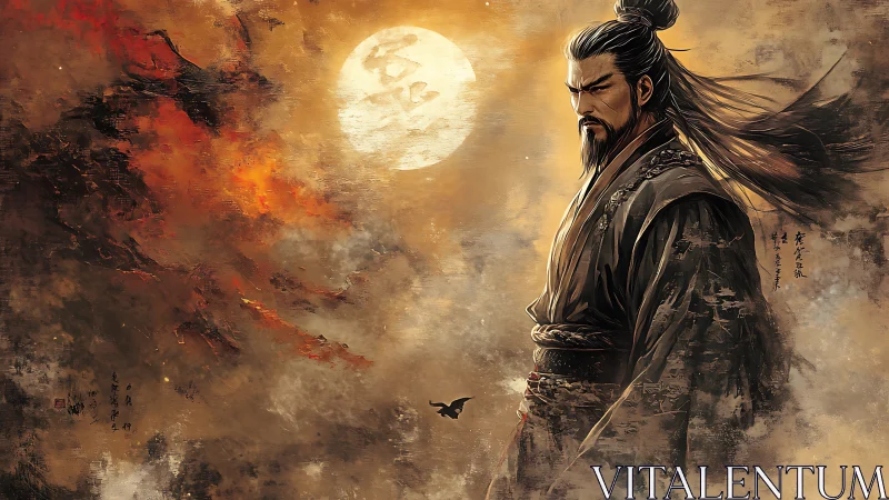 Samurai figure before full moon in textured painted sky.