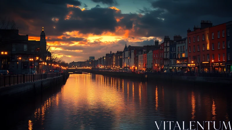 Riverside urban corridor under calibrated sunset luminance field.