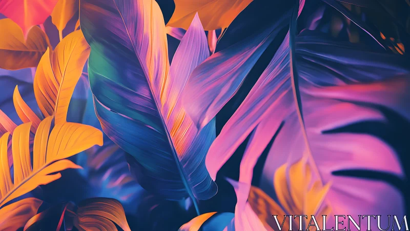 Tropical foliage in multicolored gradient illumination.