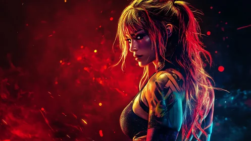 Cyberpunk warrior portrait in dual-tone neon inferno lighting.