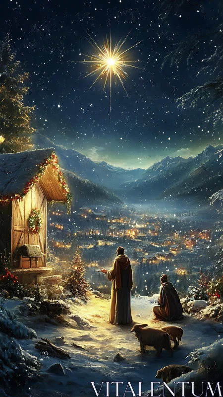 Digital painting nativity scene under radiant guiding star.