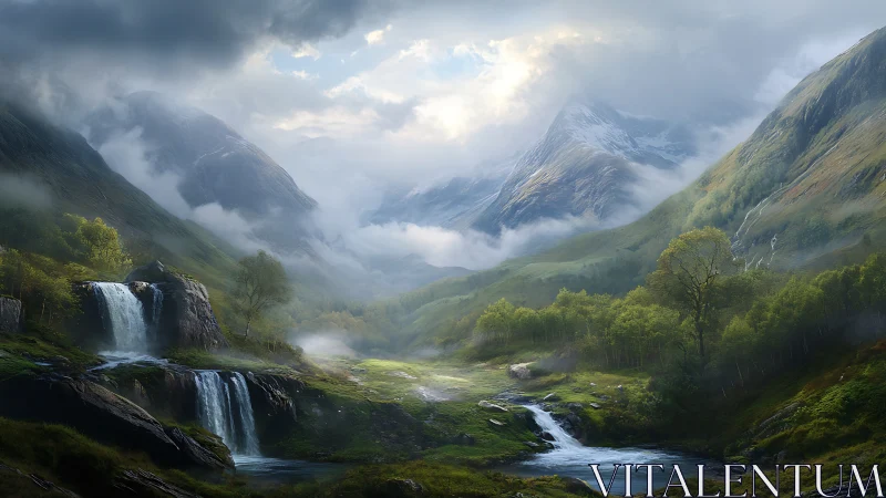 Misty mountain valley with twin waterfalls and river.