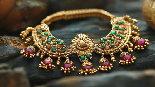 Gold choker necklace with green and magenta gemstone drops.