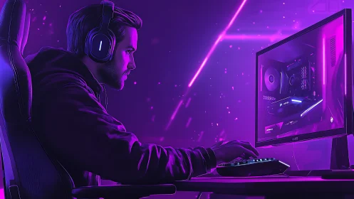 Focused gamer immersed in a cozy neon purple setup.