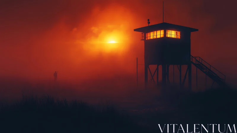 Fog-saturated watchtower silhouette under radiant orange sun.