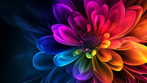 Radiant multicolor digital flower blooms over deep shadows.