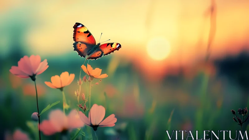 Sunlit butterfly resting on cosmos blooms at golden hour.