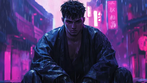 Brooding warrior sits in neon-soaked cyberpunk rainstorm.