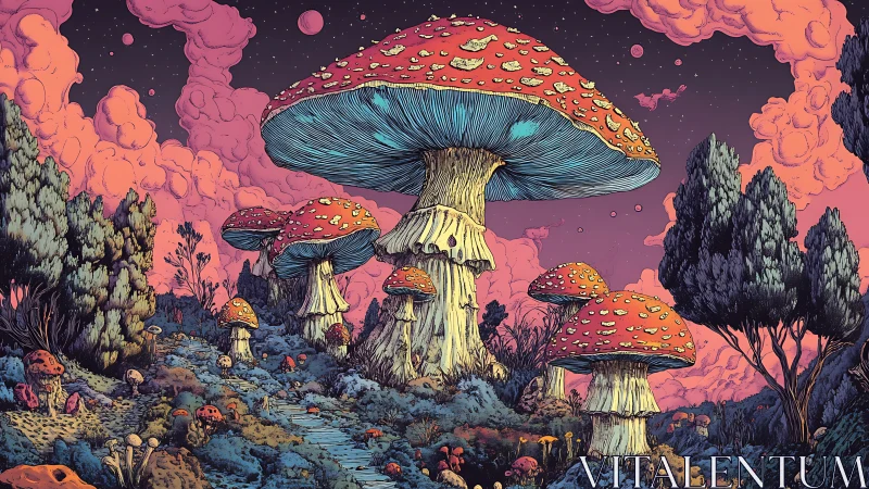 Towering luminescent mushrooms under surreal nebula sky.