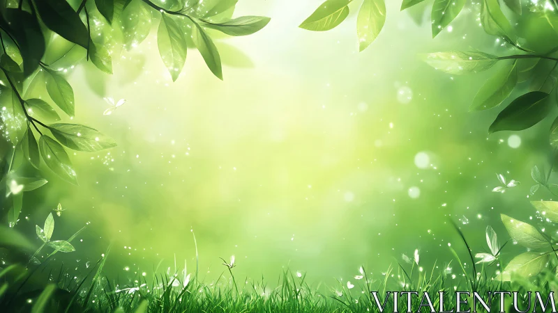 Luminous green meadow with glowing leaves and fireflies.