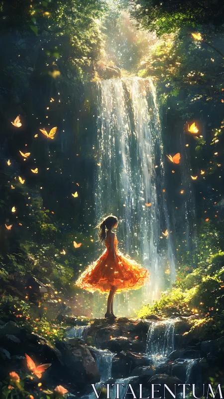 Girl in orange dress stands before luminous enchanted waterfall