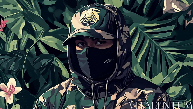 Hooded masked figure in camouflage before dense foliage.