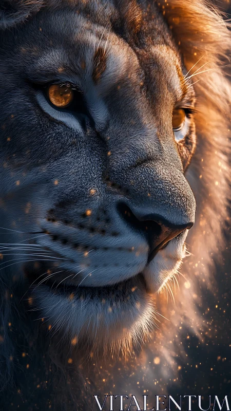 High-detail lion portrait with rim lighting and floating embers