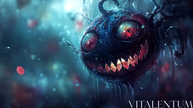 Biomechanical orb creature with dripping texture and emissive teeth