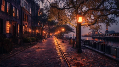Foggy riverside street glows under warm vintage lamplight.