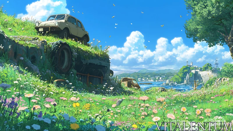 Sunlit meadow cradles an old car above a sparkling bay