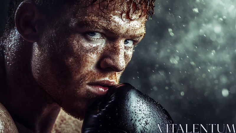 Boxer in heavy rain with contemplative gaze.