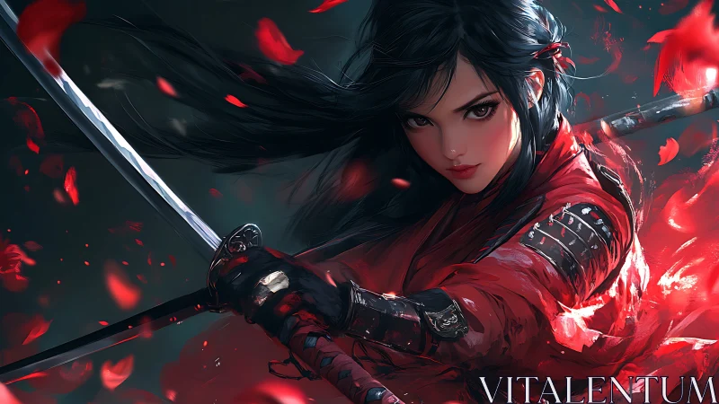 Scarlet samurai heroine poised in swirling crimson petals.