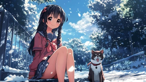 Anime girl and dog share a peaceful winter park moment.