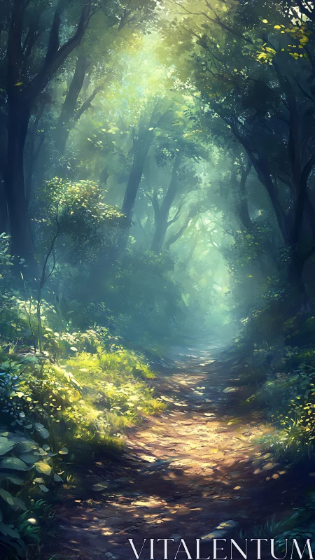 Enchanted Forest Path Bathed in Mystical Sunlight
