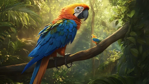 Vibrant macaws on lush jungle branch, digital realism artwork.