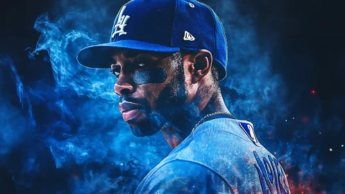 Electric blue ballplayer ignites a storm of stadium smoke.