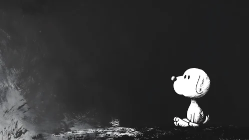 Minimalist cartoon dog contemplates in a vast dark space.