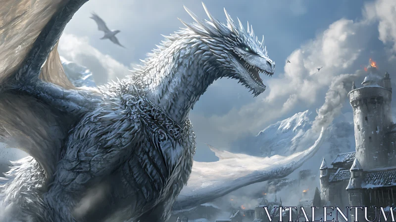 Ice dragon over snowbound fortress with mountain backdrop.