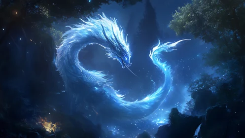 Moonlit spirit dragon curls gently above a quiet forest