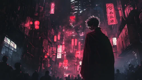 Midnight drifter under neon red alleyway skies.