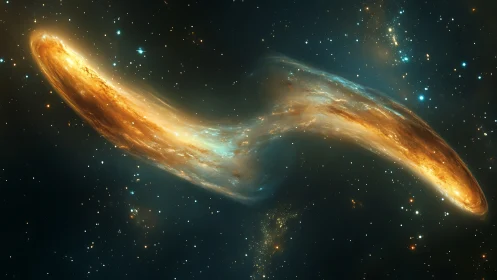 Cosmic ribbon of golden light bending across deep space.