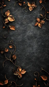Bronze floral scrollwork over dark textured stone background.