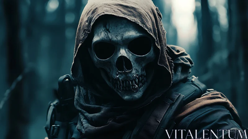 Hooded skull-faced soldier stalks through a misty forest.
