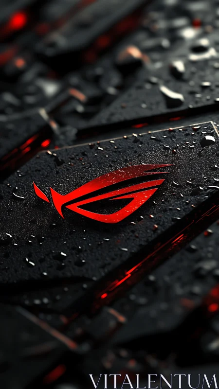 Red gaming emblem glows on wet black metal surface.