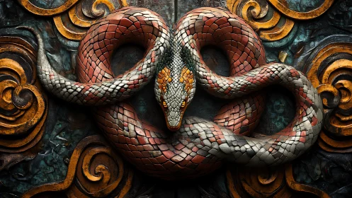 Coiled mosaic serpent relief with ornate teal and ochre background