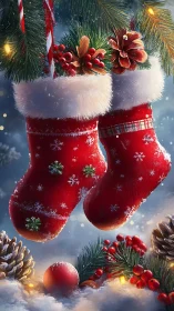 Twin scarlet stockings whisper quiet promises of snow