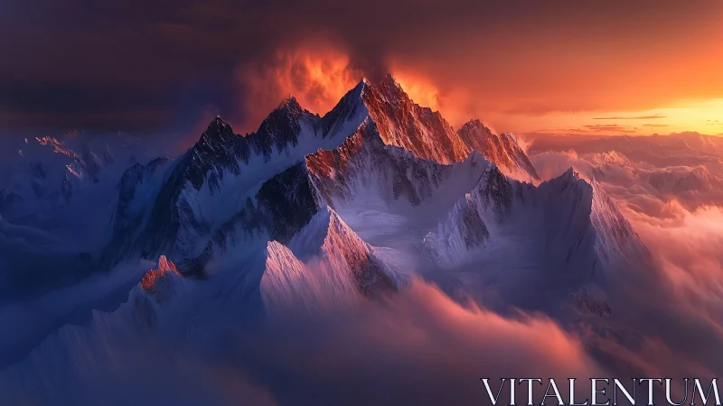 Fiery sunrise gently crowns a tranquil snow capped mountain range