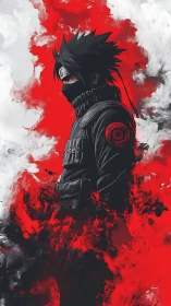 Brooding masked ninja stands within swirling crimson storm