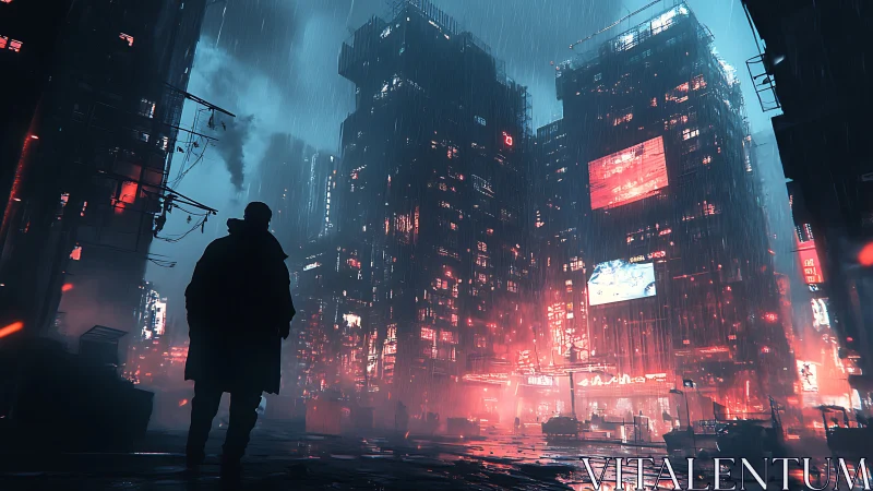 Lone figure surveys neon city in rain-soaked cyberpunk night.