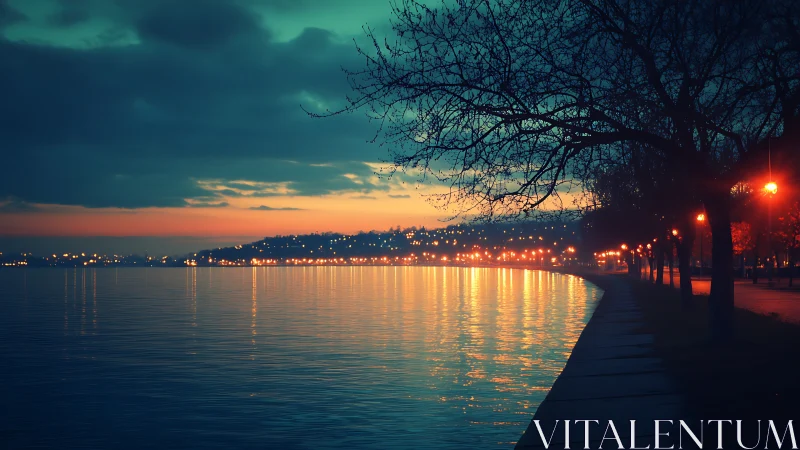 Harbor twilight parade of lamplight along dreaming shore.