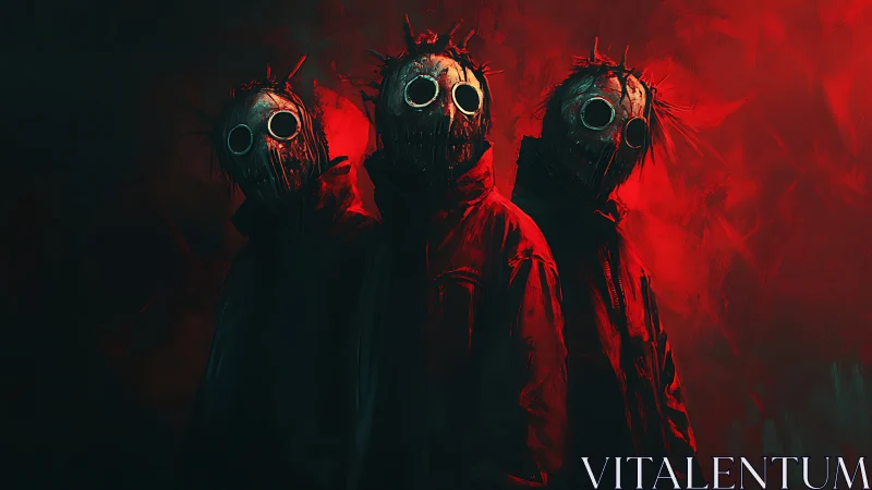 Three masked figures in red atmospheric horror scene.